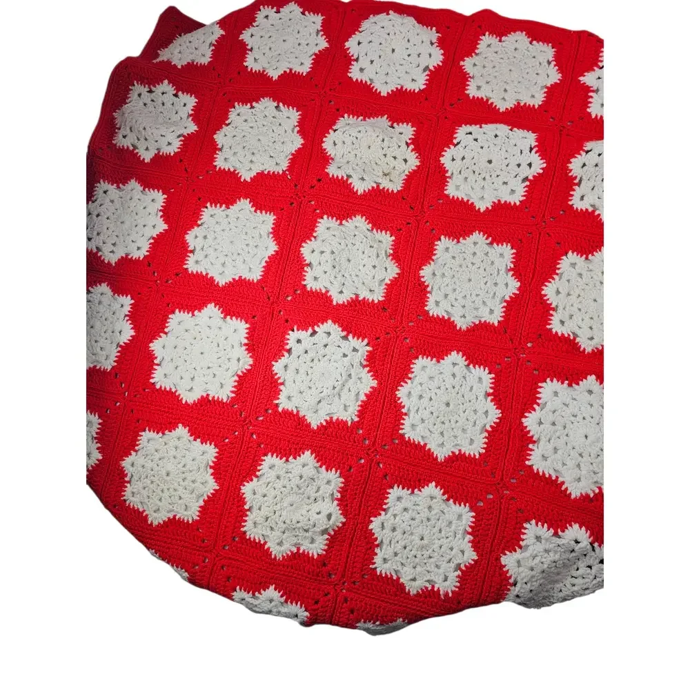Handmade Crocheted Red and White Afghan 46